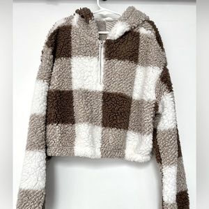 Shein Gilrs Buffalo Plaid Pattern Cropped Sweater with Hoodie